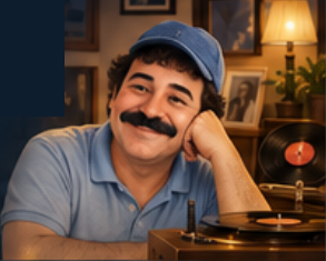 Bigode de boné azul, sorrindo ao lado de uma vitrola em uma sala antiga acolhedora